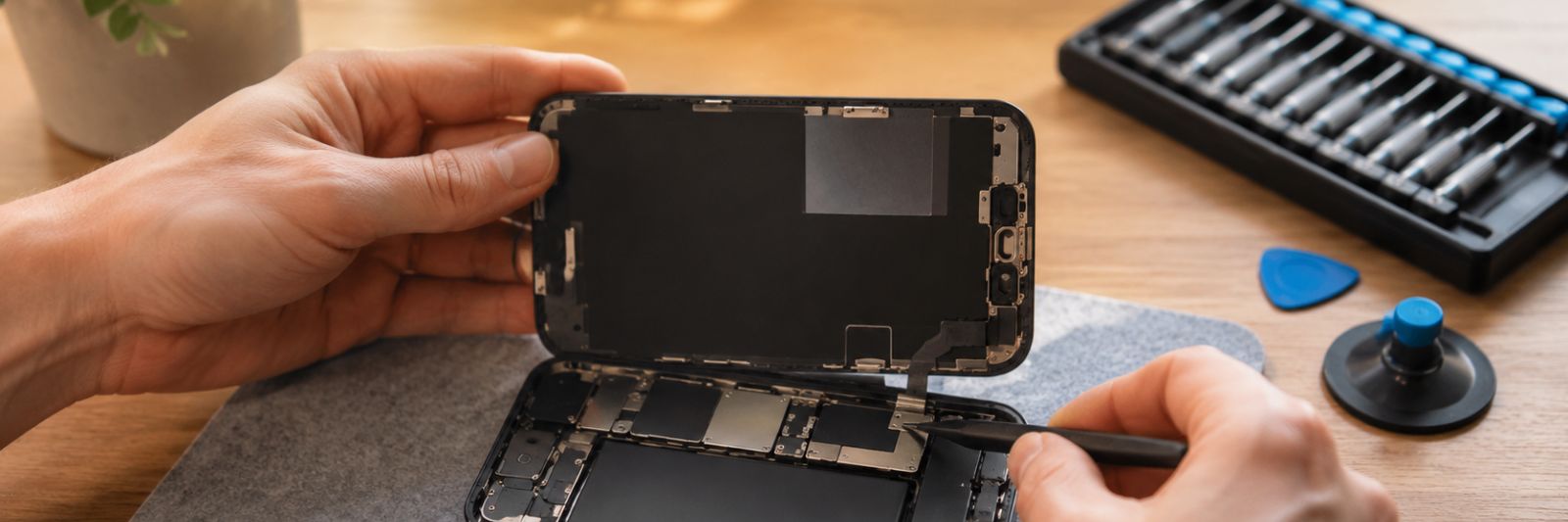 Smartphone wird auf einem Tisch repariert