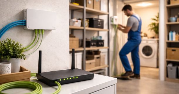 Mann installiert Internet-Anschluss im Keller, im Vordergrund ein Router