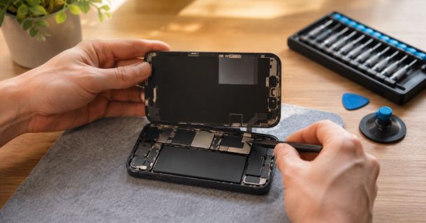Smartphone wird auf einem Tisch repariert